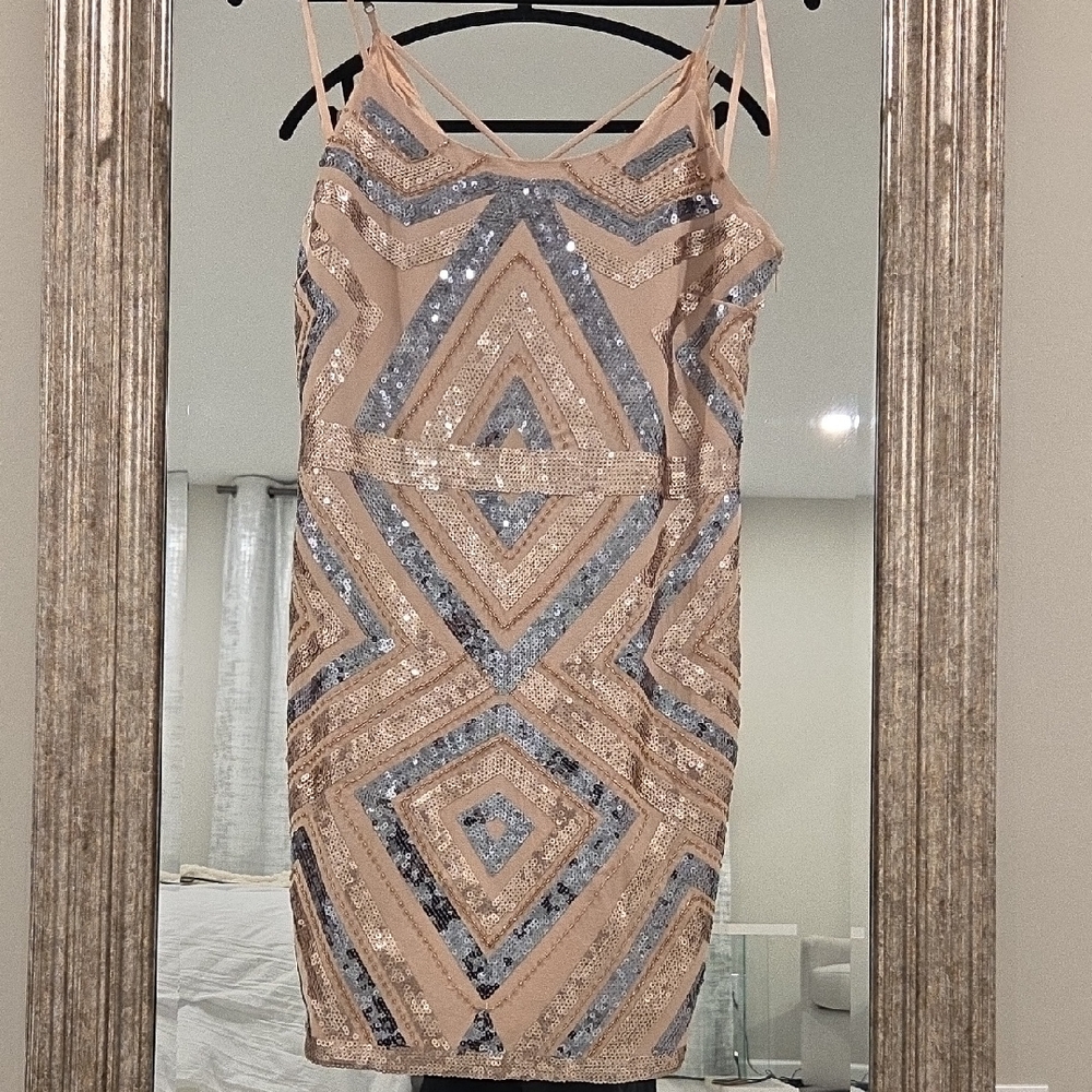 Adelyn Rae Sequin Mini Dress - Silver and Tan